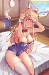 Rule 34 | 1girl, ahoge, animal ears, bare shoulders, blonde hair, blurry, blurry background, bow, bowtie, breasts, character request, cleavage, collarbone, commentary request, day, detached collar, fake animal ears, highres, kaptivate, large breasts, leotard, long hair, on bed, playboy bunny, rabbit ears, rabbit tail, rabi-ribi, red bow, red bowtie, ribbon, single thighhigh, sitting, solo, stuffed animal, stuffed rabbit, stuffed toy, tail, thighhighs, very long hair, white thighhighs, wrist cuffs