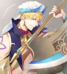 Rule 34 | 1boy, artist name, axe, blonde hair, earrings, fate/grand order, fate (series), gilgamesh, gilgamesh (caster) (fate), gilgamesh (fate), grin, holding, holding axe, jewelry, looking at viewer, male focus, open clothes, open vest, orii (orii i), parted lips, red eyes, signature, smile, solo, turban, vest, weapon