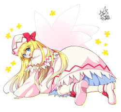 Rule 34 | 1girl, :d, all fours, blonde hair, blue eyes, bow, capelet, commentary request, dress, fairy wings, footwear bow, full body, hat, hat bow, highres, lily white, long hair, long sleeves, looking at viewer, open mouth, partial commentary, pink wings, red bow, simple background, smile, solo, touhou, umigarasu (kitsune1963), white background, white capelet, white dress, white footwear, white hat, wide sleeves, wings