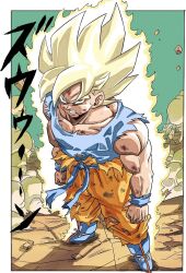 Rule 34 | 1boy, angry, blue footwear, blue sash, blue shirt, blue wristband, boots, commentary request, desert, dragon ball, dragonball z, from above, green eyes, grin, highres, muscular, muscular male, orange pants, outdoors, pants, reeya, sash, shirt, sleeveless, sleeveless shirt, smile, son goku, spiked hair, super saiyan, super saiyan 1, torn clothes, torn pants, torn sleeves, translation request, v-shaped eyebrows