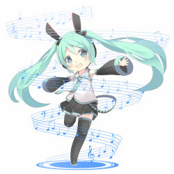 Rule 34 | 1girl, bad id, bad pixiv id, bass clef, beamed quavers, blush, boots, detached sleeves, green eyes, green hair, hatsune miku, long hair, matching hair/eyes, musical note, necktie, open mouth, outstretched arms, quaver, shiitake (mm0820), skirt, solo, staff (music), thigh boots, thighhighs, treble clef, twintails, vocaloid, zettai ryouiki