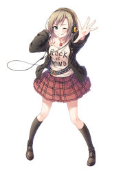 Rule 34 | 10s, 1girl, belt, blush, breasts, brown hair, clothes writing, full body, green eyes, hasumi (hasubatake39), headphones, headphones around neck, highres, idolmaster, idolmaster cinderella girls, jewelry, kneehighs, loafers, looking at viewer, necklace, one eye closed, outstretched hand, plaid, plaid skirt, shoes, short hair, simple background, skirt, smile, socks, solo, tada riina, white background