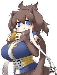 Rule 34 | 10s, 1girl, artist name, blue eyes, blush, breasts, brown hair, dated, eating, food, highres, kemono friends, large breasts, long hair, mammoth (kemono friends), mammoth ears, mammoth tail, multicolored hair, pirozhki, ponytail, scarf, simple background, solo, two-tone hair, upper body, white background, white hair, yoshida hideyuki