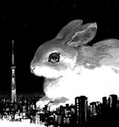 Rule 34 | animal, as (ashes), rabbit, city, cityscape, monochrome, no humans, sky, star (symbol), surreal, tower