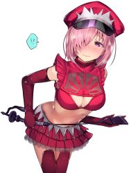 Rule 34 | !?, 1girl, blush, breasts, cleavage cutout, clothing cutout, cosplay, crop top, elbow gloves, fate/grand order, fate (series), frills, full-face blush, gloves, hair over one eye, hat, highres, hip focus, leaning forward, light purple hair, looking to the side, mash kyrielight, medb (alluring chief warden look) (fate), medb (fate), medb (fate), medb (fate) (cosplay), medium breasts, navel, peaked cap, pleated skirt, purple eyes, red gloves, red legwear, red skirt, riding crop, short hair, simple background, skirt, solo, tearing up, tetsubuta, thighs, white background