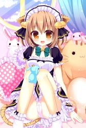Rule 34 | 1girl, animal ears, bad id, bad nijie id, bell, blush, breasts, brown eyes, brown hair, cameltoe, cat ears, cat tail, frilled pillow, frills, hair bell, hair ornament, heart, heart-shaped pillow, maid headdress, original, panties, pillow, short hair, smile, solo, stuffed animal, stuffed toy, tail, underwear
