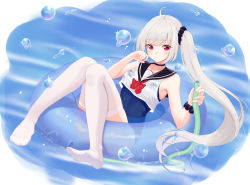 Rule 34 | 1girl, ahoge, armpits, bare arms, bikini, dress, feet, highres, innertube, jayamon, legs, long hair, looking at viewer, no shoes, one-piece swimsuit, original, ponytail, red eyes, sailor collar, sailor dress, silver hair, soles, swim ring, swimsuit, thighhighs, toes, water, wet, wet clothes, white thighhighs