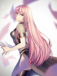 Rule 34 | 1girl, armlet, belt, blue eyes, blurry, blurry foreground, breasts, commentary, cowboy shot, from behind, hair between eyes, headphones, highres, holding, holding paper, long hair, long skirt, looking at viewer, looking back, medium breasts, megurine luka, paper, pink hair, shoulder tattoo, skirt, smile, solo, tattoo, thighhighs, thighs, very long hair, vocaloid, yen-mi