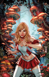 1girl blonde_hair blue_eyes breasts cleavage crop_top dagger day forest grass highres holding holding_dagger holding_knife holding_weapon knife long_hair midriff mike_krome miniskirt mushroom nature navel outdoors pleated_skirt red_lips red_shirt red_skirt reverse_grip shirt skirt solo thighhighs tree two-tone_shirt weapon white_shirt white_thighhighs zenescope