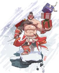 Rule 34 | 1boy, abs, armor, bara, body fur, box, christmas, clothes down, clothing cutout, covered penis, crotchless, crotchless pants, facial hair through mask, full body, gift, gift box, hat, holding, holding gift, holding too many things, igote, japanese armor, kumao-caffe, large hands, large pectorals, leg hair, loincloth, looking at viewer, male focus, mask, mature male, muscular, muscular male, mutton chops, navel, oni mask, original, pants, pectorals, red hat, santa costume, santa hat, short hair, snowing, solo, sparse navel hair, strongman waist, thick chest hair, thick eyebrows, thick mustache, thigh cutout, walking