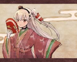 Rule 34 | 1girl, alternate costume, amatsukaze (kancolle), animal print, bird print, black choker, blush, brown eyes, choker, gloves, hair tubes, hand fan, holding, holding fan, japanese clothes, kantai collection, kimono, long hair, long sleeves, looking at viewer, silver hair, single glove, smile, smokestack hair ornament, solo, thighhighs, two side up, white gloves, wide sleeves, wss (nicoseiga19993411)
