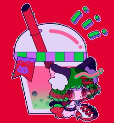 Rule 34 | 1girl, bubble tea, chibi, cup, drinking straw, green hair, halftone, highres, mitsuen mirura, myu (valis), outline, red background, red eyes, shoes, short hair, solo, valis (sinsekai), white outline