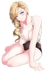 Rule 34 | 1girl, areola slip, azur lane, bare shoulders, black one-piece swimsuit, blonde hair, blue eyes, blush, breasts, casual one-piece swimsuit, cleavage, clothes pull, collarbone, commentary, curly hair, english commentary, hair over one eye, hood (azur lane), hood (lady of the shining sun) (azur lane), large breasts, one-piece swimsuit, one-piece swimsuit pull, pernethopia, simple background, sitting, smile, solo, swimsuit, two-tone swimsuit, white background, white one-piece swimsuit, yokozuwari