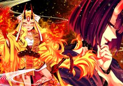 Rule 34 | 2girls, :d, blonde hair, fang, fate/grand order, fate (series), fire, hizuki aya, holding, holding sword, holding weapon, horns, ibaraki douji (fate), japanese clothes, kimono, long hair, looking at viewer, multiple girls, oni, open mouth, purple hair, short hair, shuten douji (fate), smile, sword, teeth, weapon