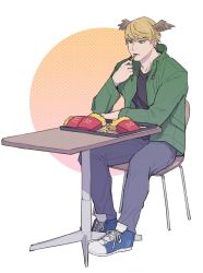 Rule 34 | 1boy, black shirt, blonde hair, blue footwear, chair, contemporary, denim, eating, food, french fries, full body, green eyes, green jacket, head wings, jacket, jeans, kabeuchimain, male focus, mcdonald&#039;s, pants, shirt, shoes, sitting, sneakers, solo, table, wings, xenoblade chronicles (series), xenoblade chronicles 3, zeon (xenoblade)