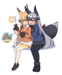 Rule 34 | 10s, 2girls, :d, animal ears, black gloves, black pantyhose, blazer, blonde hair, blush, brown eyes, closed mouth, extra ears, ezo red fox (kemono friends), fang, fox ears, fox tail, full body, fur trim, gloves, gradient hair, hair between eyes, handheld game console, hands on another&#039;s shoulders, jacket, kemono friends, kugi ta hori taira, loafers, long hair, multicolored hair, multiple girls, necktie, open mouth, pantyhose, pleated skirt, shoes, silver fox (kemono friends), silver hair, sitting, skirt, smile, stylus, tail, two-tone hair, very long hair, yellow legwear