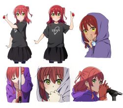 Rule 34 | 1girl, absurdres, black skirt, bocchi the rock!, closed eyes, closed mouth, deng jak, green eyes, hair between eyes, highres, holding, holding microphone, hood, hood up, hoodie, kita ikuyo, long hair, looking at viewer, microphone, one side up, open mouth, pleated skirt, purple hoodie, red hair, simple background, skirt, smile, solo, standing, white background