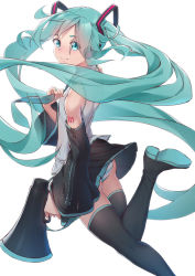 Rule 34 | 1girl, aqua eyes, aqua hair, aqua nails, aqua necktie, ass, bare shoulders, black footwear, black skirt, boots, closed mouth, commentary request, detached sleeves, feet out of frame, from side, grey shirt, hatsune miku, headphones, highres, holding, long hair, long sleeves, looking at viewer, looking to the side, megaphone, miniskirt, nail polish, necktie, number tattoo, pleated skirt, shirt, shoulder tattoo, simple background, skirt, smile, solo, tattoo, thigh boots, thighhighs, ttc, twintails, very long hair, vocaloid, white background, x-ray