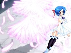Rule 34 | 1girl, angel, araiguma, backless dress, backless outfit, bare back, blue hair, bow, breasts, cleavage, detached sleeves, dress, feathers, game cg, red eyes, ribbon, see-through, short hair, sideboob, solo, tendou rie, trouble succubus, walking, wings