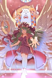 Rule 34 | 1girl, 2others, alpaca, androgynous, angel, angel wings, breasts, brown dress, cherub, coat, commentary request, dress, feathered wings, feet out of frame, firealpaca, fur-trimmed coat, fur trim, green hair, halo, holding, holding staff, long hair, looking at viewer, medium breasts, multiple others, open mouth, original, pointy ears, reaching, reaching towards viewer, red coat, sakakura (sariri), smile, staff, stained glass, white wings, wings