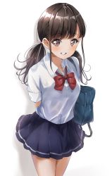 Rule 34 | 1girl, absurdres, arms up, bag, blue skirt, blush, bow, brown eyes, brown hair, collared shirt, commentary request, dress shirt, grin, highres, long hair, looking at viewer, low twintails, original, pleated skirt, red bow, school bag, school uniform, shadow, shirt, short sleeves, sidelocks, sin (sin52y), skirt, smile, solo, twintails, white background, white shirt