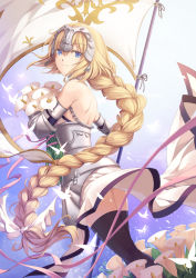 Rule 34 | 1girl, armor, blonde hair, braid, breasts, fate/apocrypha, fate/grand order, fate (series), flag, flower, gauntlets, headpiece, highres, jeanne d&#039;arc (fate), jeanne d&#039;arc (ruler) (fate), jeanne d&#039;arc (third ascension) (fate), jh, long hair, ruler (fate/grand order), single braid, smile, solo, thighhighs, yellow eyes