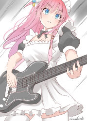 Rule 34 | 1girl, absurdres, alternate costume, apron, black dress, blue eyes, bocchi the rock!, breasts, cleavage, cowboy shot, cube hair ornament, dress, electric guitar, enmaided, frilled apron, frills, from below, gotoh hitori, guitar, hair ornament, highres, holding, holding instrument, instrument, large breasts, long hair, maid, maid apron, maid headdress, one side up, pink hair, puffy short sleeves, puffy sleeves, sakurai nana (moshichi), short sleeves, solo, thighhighs, twitter username, white apron, white thighhighs