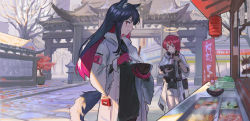 Rule 34 | 2girls, animal ears, arknights, bare tree, black hair, black shirt, bowl, chopsticks, commentary request, cowboy shot, exusiai (arknights), exusiai (city rider) (arknights), gloves, halo, highres, holding, holding bowl, holding chopsticks, jacket, jiam009, long hair, long sleeves, looking at viewer, multicolored hair, multiple girls, official alternate costume, open clothes, open jacket, outdoors, pouch, red eyes, red gloves, red hair, shirt, short hair, shorts, standing, tail, texas (arknights), texas (winter messenger) (arknights), tree, white jacket, white shorts, wide sleeves, wolf ears, wolf tail