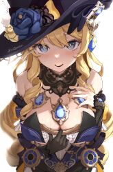 Rule 34 | 1girl, absurdres, artist name, bare shoulders, black gloves, blonde hair, blue dress, blue eyes, blush, breasts, cleavage, clothes pull, commentary, detached sleeves, dress, drill hair, english commentary, flower, genshin impact, gloves, hat, hat flower, highres, jewelry, korean commentary, large breasts, long hair, looking at viewer, mixed-language commentary, mole, mole on breast, navia (genshin impact), open mouth, paid reward available, pendant, rose, simple background, solo, textless version, twitter username, upper body, vitashogun, white background
