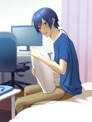 Rule 34 | 1boy, android, bed, blue eyes, blue hair, blue shirt, brown pants, cable, chair, commentary, desk, from side, holding, holding pillow, indoors, kaito (vocaloid), looking at viewer, male focus, monitor, nokuhashi, open mouth, pants, pillow, room, shirt, short sleeves, sitting, smile, solo, vocaloid