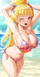 Rule 34 | 1girl, ;d, absurdres, agetama, alternate costume, armpits, arms up, ball, beach, beachball, bikini, blonde hair, blush, bracelet, breasts, cleavage, collarbone, fang, feet out of frame, fingernails, highres, holding, holding ball, holding beachball, jewelry, large breasts, lens flare, looking at viewer, nail polish, navel, one eye closed, open mouth, outdoors, pink bikini, red eyes, side-tie bikini bottom, sideboob, smile, solo, stomach, sunlight, sweat, swimsuit, tokyo 7th sisters, two side up, uesugi u. kyouko