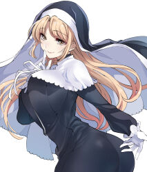 Rule 34 | 1girl, ass, black dress, black headwear, blonde hair, breasts, capelet, closed mouth, dress, finger to face, gloves, habit, highres, index finger raised, large breasts, long hair, long sleeves, looking at viewer, nijisanji, nun, sakayama shinta, simple background, sister claire, sister claire (1st costume), smile, solo, traditional nun, upper body, virtual youtuber, white background, white capelet, white gloves, yellow eyes, zipper dress, zipper pull tab