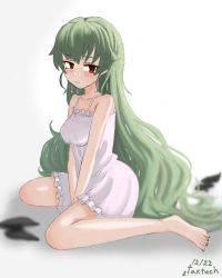 Rule 34 | 10s, 1girl, alternate hairstyle, anchovy (girls und panzer), bare shoulders, black nails, blurry, blurry background, blush, breasts, closed mouth, commentary, dated, full body, girls und panzer, green hair, hair down, half-closed eyes, light frown, lingerie, long hair, looking at viewer, medium breasts, nail polish, negligee, one-hour drawing challenge, red eyes, sitting, solo, tacch, twitter username, underwear, v arms, very long hair