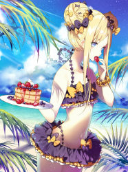 Rule 34 | 1girl, abigail williams (emerald float) (fate), abigail williams (fate), bare legs, bare shoulders, beach, bikini, blonde hair, blue eyes, bow, bracelet, cake, cloud, cloudy sky, day, eating, fate/grand order, fate (series), food, frilled bikini, frills, fruit, hair bow, hair ornament, holding, holding tray, jewelry, kinokohime, long hair, looking away, navel, ocean, official alternate costume, outdoors, palm tree, pancake, parted bangs, polka dot, polka dot bow, shadow, sky, solo, strawberry, swimsuit, tray, tree