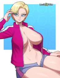 Rule 34 | 1girl, android 18, areola slip, arm up, blonde hair, blue eyes, bob cut, breasts, breasts apart, dragon ball, dragon ball super, earrings, expressionless, female focus, jacket, jewelry, kameseru, large breasts, legs, looking at viewer, navel, no bra, open clothes, open jacket, short hair, short shorts, shorts, simple background, sitting, solo, thighs, two-tone background