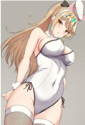 Rule 34 | 1girl, alternate costume, alternate hairstyle, animal ears, bare shoulders, blonde hair, blush, breasts, chest jewel, commentary request, covered navel, detached collar, fake animal ears, fishnet thighhighs, fishnets, highres, jewelry, large breasts, leotard, long hair, looking at viewer, mythra (xenoblade), noeomi, playboy bunny, ponytail, rabbit ears, solo, strapless, strapless leotard, swept bangs, thighhighs, tiara, very long hair, wrist cuffs, xenoblade chronicles (series), xenoblade chronicles 2, yellow eyes