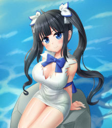 Rule 34 | 1girl, ahoge, arm ribbon, arm support, bare shoulders, bell, black hair, blue bow, blue bowtie, blue eyes, blue ribbon, blunt bangs, blush, bow, bowtie, breasts, cleavage, cleavage cutout, closed mouth, clothing cutout, covered navel, cowboy shot, dress, dungeon ni deai wo motomeru no wa machigatteiru darou ka, els (ljhlee12), eyes visible through hair, from above, hair bell, hair ornament, hair ribbon, head tilt, hestia (danmachi), large breasts, long hair, looking at viewer, looking up, no gloves, oppai loli, pencil dress, rei no himo, ribbon, rock, shiny skin, short dress, sidelocks, sitting, sleeveless, sleeveless dress, smile, solo, thick thighs, thighs, twintails, very long hair, water, white dress