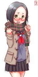 Rule 34 | 1girl, alternate costume, alternate hairstyle, bespectacled, black hair, black skirt, blush, brown eyes, dated, forehead, glasses, grey sweater, highres, jacket, kanon (kurogane knights), kantai collection, kuroshio (kancolle), logo, looking at viewer, neckerchief, plaid, plaid scarf, pleated skirt, red-framed eyewear, red neckerchief, scarf, school uniform, serafuku, short eyebrows, short hair, simple background, skirt, solo, sweater, thick eyebrows, white background