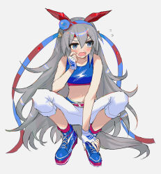 Rule 34 | 1girl, bare shoulders, belt, blue eyes, blue footwear, blush, breasts, crop top, didi (whaqlrpwjd), ears down, fang, fingerless gloves, flying sweatdrops, full body, gloves, grey background, grey hair, hairband, headband, high tops, long hair, looking away, looking to the side, midriff, navel, open mouth, pants, scratching cheek, shoes, simple background, small breasts, sneakers, solo, squatting, tamamo cross (umamusume), tank top, umamusume, very long hair, white gloves, white pants
