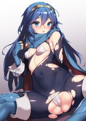 Rule 34 | 1girl, ass, bikini, bikini under clothes, blue eyes, blue footwear, blue gloves, blue hair, blush, boots, breasts, cameltoe, cape, cleavage, cleft of venus, covered erect nipples, covered navel, elbow gloves, fingerless gloves, fire emblem, fire emblem awakening, fuya (tempupupu), gloves, hair between eyes, knee boots, long hair, looking at viewer, lucina (fire emblem), nintendo, open mouth, puffy nipples, small breasts, solo, spread legs, sweat, swimsuit, thighs, tiara, torn clothes, white bikini