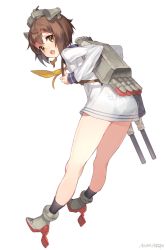 Rule 34 | 10s, 1girl, artist name, ass, backpack, bag, blush, brown eyes, brown hair, clothes writing, commentary request, dress, from behind, hair ornament, headgear, kantai collection, leaning forward, looking back, mika pikazo, open mouth, panties, sailor dress, see-through, short hair, simple background, solo, underwear, underwear writing, weapon, white background, yukikaze (kancolle)