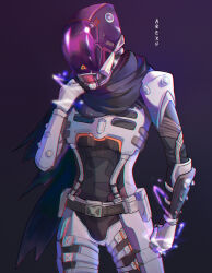 Rule 34 | 1girl, absurdres, apex legends, arexu, armor, artist name, black background, black bodysuit, black scarf, bodysuit, clenched hand, commentary, cowboy shot, electricity, english commentary, hand on own shoulder, helmet, highres, official alternate costume, power armor, scarf, solo, voidwalker wraith, wraith (apex legends)