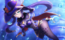 Rule 34 | 1girl, blurry, blurry background, bodysuit, breasts, bubble, capelet, cleavage, detached sleeves, floating hair, genshin impact, green eyes, grey bodysuit, grin, hair between eyes, hat, high heels, highres, irobird, leotard, long hair, long sleeves, mona (genshin impact), purple capelet, purple hair, purple hat, purple leotard, purple sleeves, small breasts, smile, solo, strapless, strapless leotard, twintails, underwater, very long hair, witch hat, yellow footwear