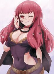 Rule 34 | 1girl, :p, belt, black cape, bodysuit, breasts, cape, choker, cleavage, clothing cutout, facial mark, fire emblem, fire emblem engage, florentia menma, hair ornament, highres, long hair, medium breasts, nintendo, red eyes, red hair, side cutout, simple background, smile, solo, star (symbol), star facial mark, star hair ornament, tongue, tongue out, yunaka (fire emblem)