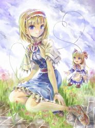 Rule 34 | 1girl, alice margatroid, ankle boots, apron, bad id, bad pixiv id, blonde hair, blue eyes, blue sky, boots, bow, bracelet, brick, capelet, cloud, cross-laced footwear, day, dress, faux traditional media, flower, grass, hair bow, hairband, heart, heart of string, highres, jewelry, lace-up boots, lolita hairband, long sleeves, looking at viewer, nagayo, no socks, open mouth, outdoors, path, puppet strings, ribbon, road, sash, shanghai doll, short hair, sitting, sky, smile, solo, touhou, waist apron, yokozuwari