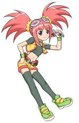 Rule 34 | 1girl, belt, breasts, choker, dinosaur king, goggles, goggles on head, green choker, green footwear, green wristband, grey shirt, grey thighhighs, grin, hand on own hip, holding, kuromitsu (kurono), long hair, looking at viewer, midriff, navel, pink hair, purple eyes, scrunchie, shirt, shoes, short shorts, short sleeves, shorts, small breasts, smile, sneakers, solo, tatsuno malm, teeth, thighhighs, twintails, vest, white background, wrench, yellow shorts, yellow vest