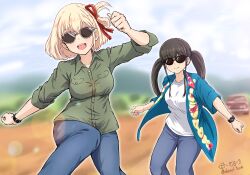 Rule 34 | 2girls, black hair, blonde hair, blue jacket, breasts, closed mouth, collared shirt, commentary request, cowboy shot, denim, diesel-turbo, floral print, green shirt, hair ribbon, highres, inoue takina, jacket, jeans, long hair, lycoris recoil, medium breasts, multiple girls, nishikigi chisato, open clothes, open jacket, open mouth, outdoors, pants, red ribbon, ribbon, shirt, short hair, short sleeves, signature, sleeves rolled up, smile, sunglasses, watch, wristwatch