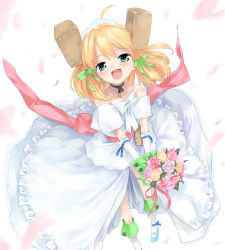 Rule 34 | 1girl, bride, caloriemate, dress, flower, happy, orange rose, pink rose, rose, solo, u (the unko), wedding dress