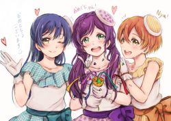 Rule 34 | 10s, 3girls, :d, ;), black hair, collarbone, confetti, gloves, green eyes, heart, hoshizora rin, lily white (love live!), lilylion26, long hair, love live!, love live! school idol festival, love live! school idol project, low twintails, multiple girls, one eye closed, open mouth, orange hair, party popper, purple hair, short hair, smile, sonoda umi, tojo nozomi, twintails, yellow eyes