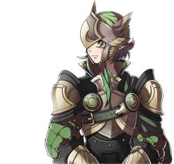 Rule 34 | androgynous, armor, fire emblem, fire emblem fates, gender request, green hair, grey eyes, helmet, highres, inkling player character, knight, looking afar, nintendo, parody, pointy ears, short hair with long locks, solo, splatoon (series), splatoon 1, style parody, tecchen, transparent background, upper body, winged helmet
